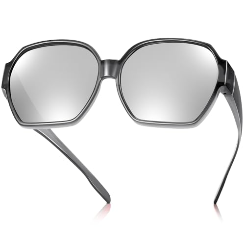 TINHAO Polarisierte Überzieh Sonnenbrille Damen UV-Schutz Überbrille Sonnenbrille für brillenträger Quadrat Leicht Fit-Over Brille(Grau-Silber) von TINHAO