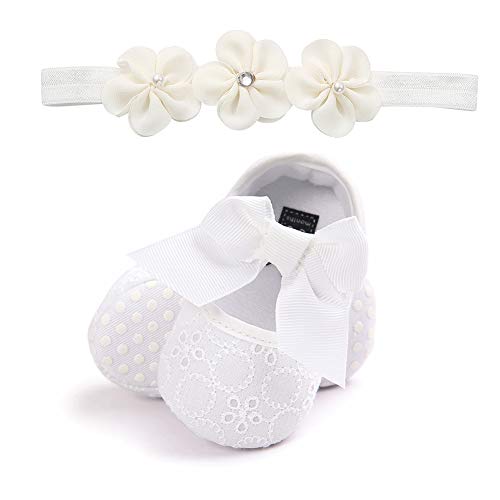 Tininna Baby Mädchen Schuhe Ballerinas Spitze Haarband Blume Set Geburtstag Taufe Zeremonie Bambus Baby 0 18 Monate weiche Sohle rutschfest Prinzessin Schuhe, Größe: 11cm pour 0-6 mois von TININNA