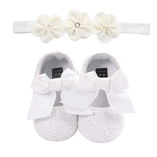 Tininna Baby Mädchen Schuhe Ballerinas Spitze Haarband Blume Set Geburtstag Taufe Zeremonie Bambus Baby 0 18 Monate weiche Sohle rutschfest Prinzessin Schuhe, Größe: 11cm pour 0-6 mois von TININNA