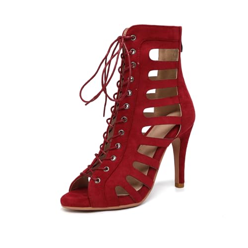 TINRYMX Damen Lateinische Tanzstiefel Schnüren Reißverschluss Training Salsa Tango Party Ballsaal,J26-Rot-9.5,44 EU von TINRYMX