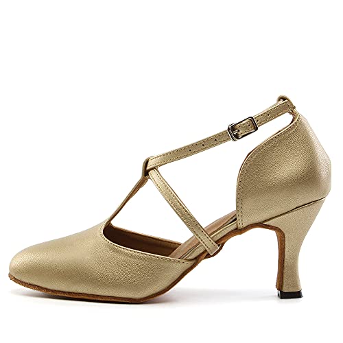 TINRYMX Damen Latin Tanzschuhe Geschlossen Zehen Bequem Salsa Tango Ballsaal Tanzschuhe,L272-Gold-7.5CM,35 EU von TINRYMX