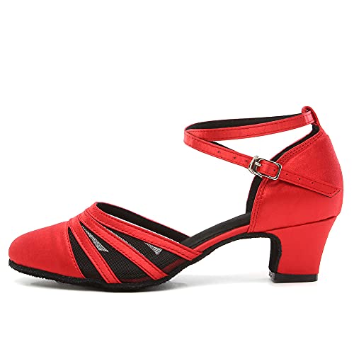 TINRYMX Damen Latin Tanzschuhe Geschlossen Zehen Bequem Tango Salsa Ballsaal Tanzschuhe,L189-Rot-4.5CM,43 EU von TINRYMX