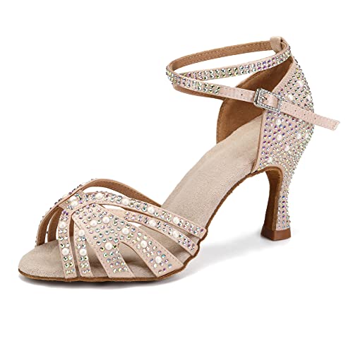 TINRYMX Damen Latin Tanzschuhe offene Zehe Strass Salsa Bachata soziale Tango Cha-Cha Hochzeit Party Sandalen,L506-Beige-7.5CM,36 EU von TINRYMX
