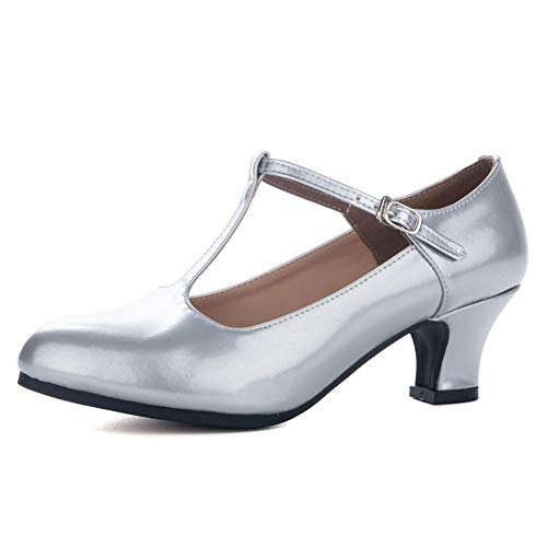 TINRYMX Frauen t Riemen Charakter Schuhe Moderne Tanzschuhe mit geschlossenen Zehen Party Pumps, Modell KM-719, Silber, EU 38.5 von TINRYMX
