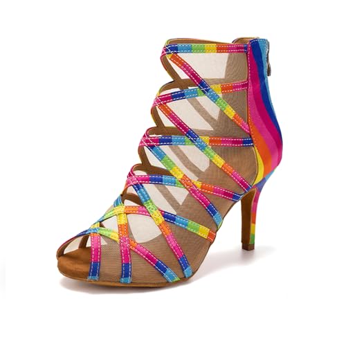 TINRYMX Tanzschuhe latein Damen Salsa Tango Ballsaal Leistung Tanzschuhe,L445-Rainbow-8.5CM,37 EU von TINRYMX
