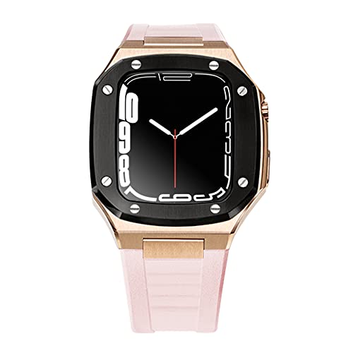 TINTAG Luxuriöses Metallgehäuse und Armband für Apple Watch Serie 8, 7, 45 mm, 41 mm, Edelstahlarmband, Gummi-Armband für iWatch 6, 5, 4, 40, 44 mm (Farbe: BRG Pink, Größe: 44 mm), 44mm, Achat von TINTAG