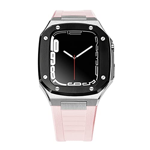 TINTAG Luxuriöses Metallgehäuse und Armband für Apple Watch Serie 8, 7, 45 mm, 41 mm, Edelstahlarmband, Gummi-Armband für iWatch 6, 5, 4, 40, 44 mm (Farbe: BS Pink, Größe: 44 mm), 44mm, Achat von TINTAG