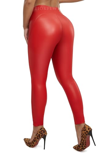 TIOKFLW Kunstleder Leggings Damen Mit Innenfleece, High Waist Lederimitat Hose, Leder PU Pants Sexy Warm Winter, Lederhose - Rot L von TIOKFLW