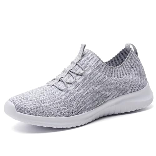 TIOSEBON Damen Slip on Sneaker, Leichte Turnschuhe Atmungsaktiv Freizeitschuhe Sportschuhe Walkingschuhe 40 EU Alles Hellgrau von TIOSEBON