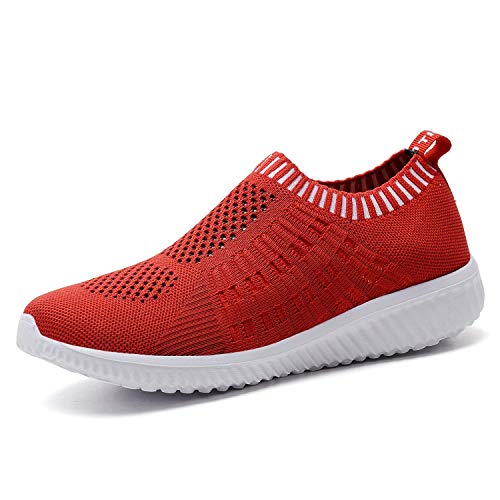 TIOSEBON Damen Sport Walking Schuhe Slip-On - Bequeme Freizeit-Mesh Sneaker 36 EU Rot von TIOSEBON