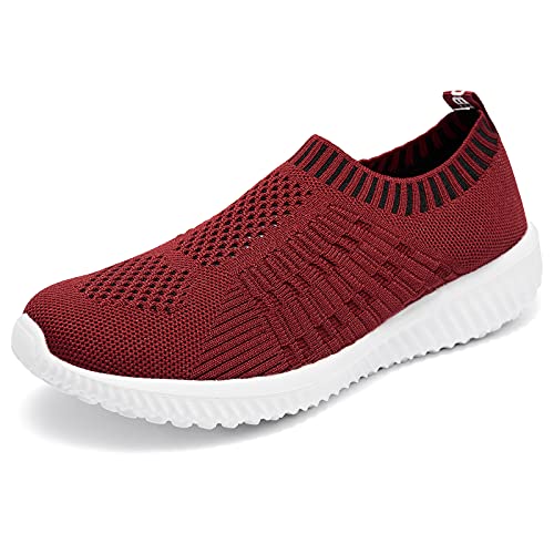 TIOSEBON Damen Sport Walking Schuhe Slip-On - Bequeme Freizeit-Mesh Sneaker 36 EU Rotwein von TIOSEBON