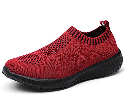 TIOSEBON Damen Sport Walking Schuhe Slip-On - Bequeme Freizeit-Mesh Sneaker 42 EU Weinrot/Black von TIOSEBON