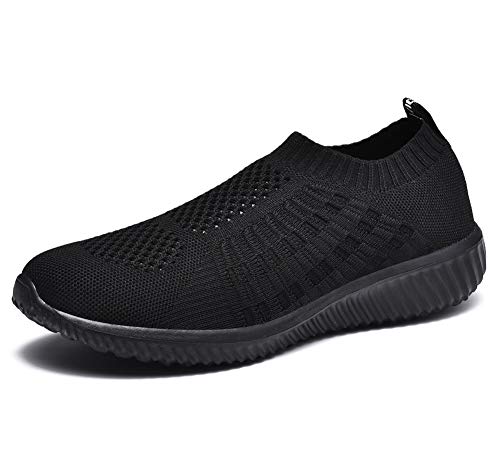 TIOSEBON Damen Sport Walking Schuhe Slip-On - Bequeme Freizeit-Mesh Sneaker 44 EU Pure Schwarz von TIOSEBON