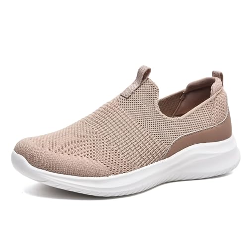TIOSEBON Damen Walking Tennisschuhe Strick Slip-On Mesh Bequeme Sneaker 2229 Hellbraun EU 36 von TIOSEBON