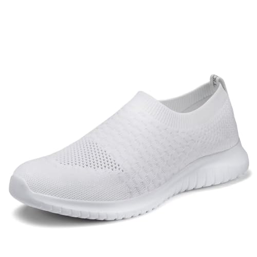 TIOSEBON Herren Slip On Trainingsschuhe Freizeit Sportschuhe Leichte Atmungsaktive Laufschuhe Gestrickte Mesh Tennisschuhe Leichte rutschfeste Straßenschuhe 44 EU Alles Weiß von TIOSEBON