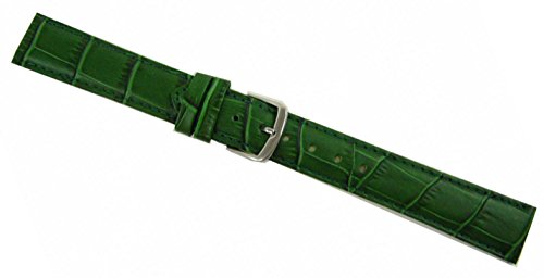 Ersatz Wechsel Uhren Armband Kalbsleder matt Alligator Louisiana Prägung dunkelgrün Schließe Silber (12 mm.) von TIPIGRA