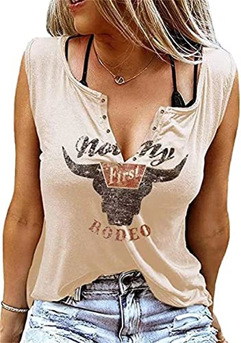 Not My First Rodeo Tank Tops Frauen Vintage Country Ärmelloses Shirt Lustiger Brief Print Western Cowboy Tees, Apricot2, Klein von TIQIEYAL