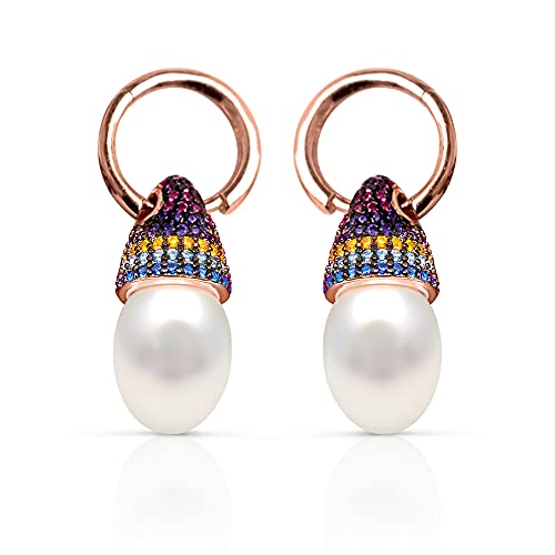 Tiramisu | Ohrringe mit Perlen/Zirkonen | Kleiner Mädchen-/Kinderschmuck | 925 Sterling Silber Rose vergoldet | Natürliche Zuchtperlen | Schlank | Elegantes Geschenk | Nickelfrei (10mm Reifen) von TIRAMISÚ JEWELRY