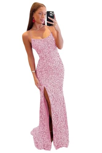 TIRAS Damen V-Ausschnitt Pailletten Ballkleider Lang mit Schlitz Meerjungfrau Glitzer Formelles Kleid CM140, A-rosa, 36 von TIRAS
