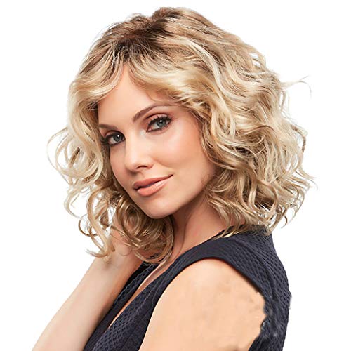TIREOW Wig Damen Mode Synthetische Gold Kurze Lockige Anti-Warping Haar Perücke Wasserwelle Haar Perücken 30 cm Wavy Gold von TIREOW_Wig