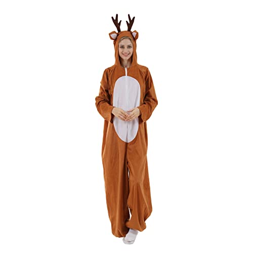 TIREOW Erwachsene Karikatur Geweih Rehkitz Cosplay Kostüm Onesie Pyjamas Mit Kapuze Weihnachten Hirsch Kostüm Overall Onesie Für Frauen Männer Flauschige Weihnachtskostüm Jumpsuit (Brown, L) von Toysmith