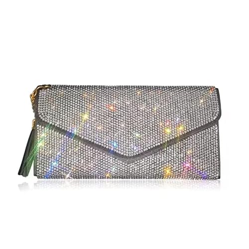 TISHAA Glamouröse Kristall-Strass-Geldbörse für Frauen mit goldenem Herz-Anhänger und schwarzer Quaste - Luxus-Ledergeldbörse mit Münzfach mit Reißverschluss und mehreren Kartenfächern, von TISHAA