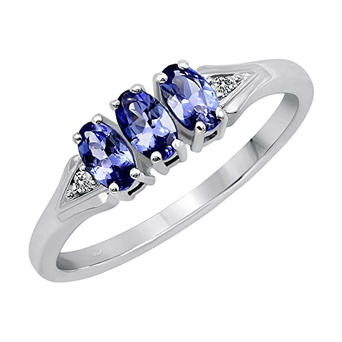 0,02 Karat Diamantringe für Damen, Tansanit-Ringe für Damen, ovaler Ring mit drei Steinen, rhodinierter Sterlingsilber-Ring, Edelstein, Metall, Sterlingsilber, Tansanit Diamant 0,02 Karat Diamantringe für Damen, Tansanit-Ringe für Damen, ovaler Ring mit drei Steinen, rhodinierter Sterlingsilber-Ring, Edelstein, Metall, Sterlingsilber, Tansanit Diamant von TISHAVI