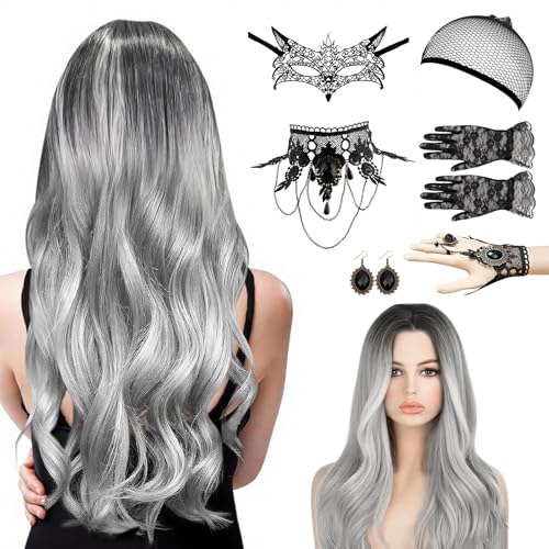 Perücke Halloween Damen,Perücke Frauen Kostüm,70cm Grau Lang Wellte Lockig,mit Haarnetz,Spitzenhandschuhe,Spitze Maske,Gotisch Halskette Armbänder ohrringe,für Halloween Cosplay Maskerade (A) von TISMHGKU