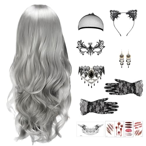Perücke Halloween Damen,Perücke Frauen Kostüm,70cm Grau Lang Wellte Lockig,mit Haarnetz,Spitzenhandschuhe,Spitze Maske,Gotisch Halskette Armbänder ohrringe,für Halloween Cosplay Maskerade (B) von TISMHGKU