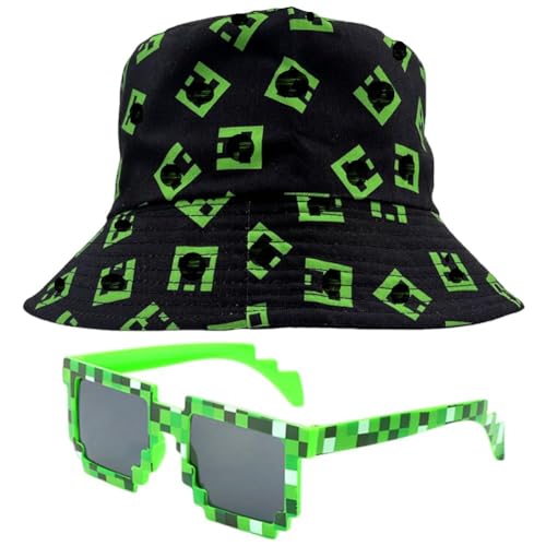 Minnecrafft Fischerhüte Bucket Hat, Minnecrafft Fisherman Caps con Sonnenbrille Cartoon Mützen für Jungen Mädchen Fischerhut Faltbar Anglerhut Summer UV Children's Hat for Boys Girls 2-8 Years von TIUASHR