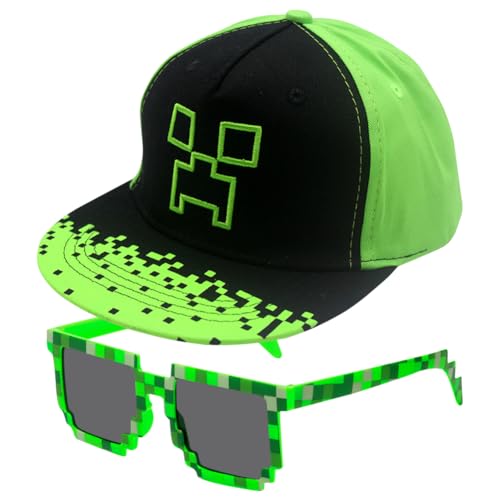 TIUASHR Minnecrafft Baseball Cap Kinder Baseballmütze, 2PCS Minnecrafft Baseballkappe und Sonnenbrille Sonnenhut Verstellbar Baseboard Mütze Basecap Kappe Cap Sonnenmütze für Kinder Ab 3 Jahren von TIUASHR