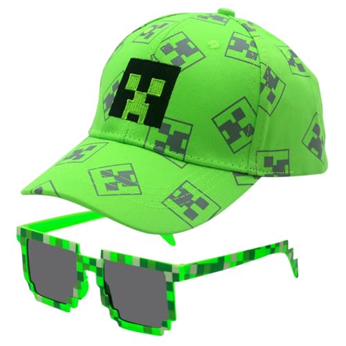 TIUASHR Minnecrafft Baseballmütze, 2PCS Minnecrafft Baseballkappe und Sonnenbrille Baseball Cap Kinder Sonnenhut Verstellbar Baseboard Mütze Basecap Kappe Cap Sonnenmütze für Kinder Ab 3 Jahren von TIUASHR