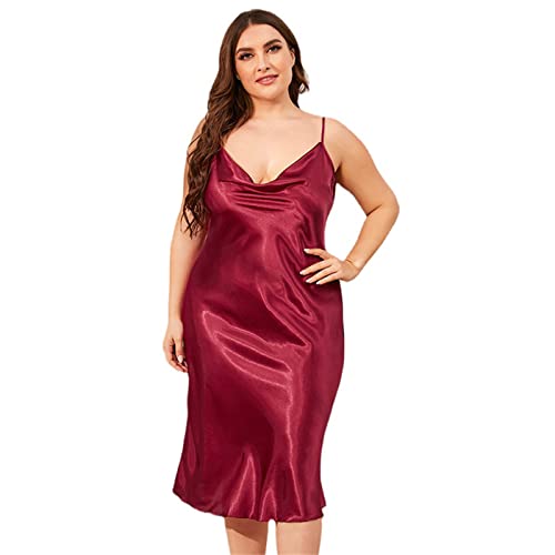 Damen Satin Nachthemd Negligee Spitze Dessous Sexy Lingerie Nachtwäsche Spaghetti Träger Kleid Plus Size Sleepwear XL-3XL (Red,3XL) von TIUTIU