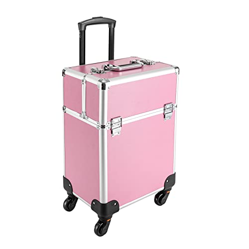 4 in 1 Schminkkoffer Damen Kosmetikkoffer Friseurkoffer, Make up Koffer Kosmetik Trolley abschließbar Nagelkoffer Tattoo Koffer Alu Beautycase Nageldesign Koffer mit Rollen, 34 x 24 x 45 cm (Rosa) von TIXBYGO