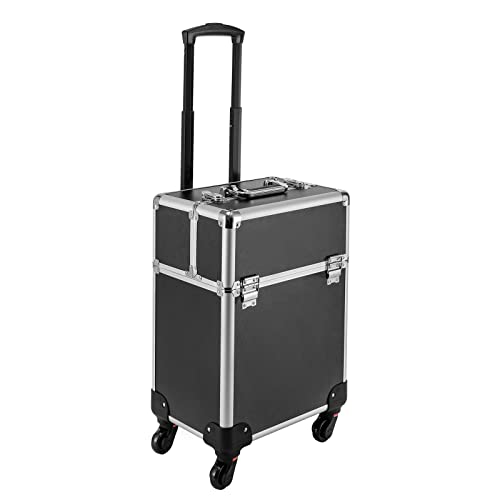 4 in 1 Schminkkoffer Damen Kosmetikkoffer Friseurkoffer, Make up Koffer Kosmetik Trolley abschließbar Nagelkoffer Tattoo Koffer Alu Beautycase Nageldesign Koffer mit Rollen, 34 x 24 x 45 cm (Schwarz) von TIXBYGO