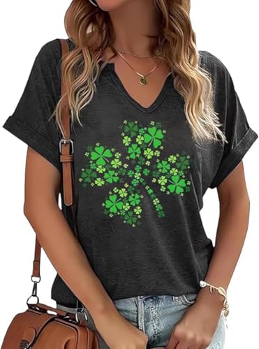 TIXOM St. Patrick's Day Damen-Shirt, V-Ausschnitt, irisches Kleeblatt-Grafik-T-Shirt, lustiges Glücksherz, bedruckt, kurzärmelig, E-Grau, Mittel von TIXOM