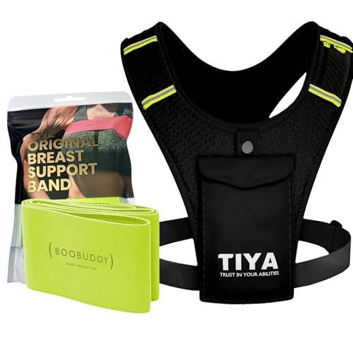 TIYA Boobuddy Damen-Laufweste + Bruststützband – Zero Bounce Läufer-Zubehör-Set – 100 % wasserdichte Handyhalter-Tasche und stoßfester Kompressions-Brustgurt, Schwarz/Gelb/Grün, M, Casual von TIYA