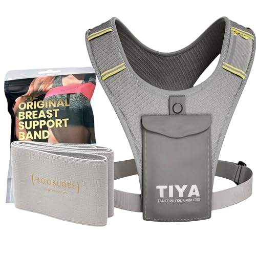 TIYA Boobuddy Damen-Laufweste + Bruststützband – Zero Bounce Läufer-Zubehör-Set – 100 % wasserdichte Handyhalter-Tasche und stoßfester Kompressions-Brustgurt, grau, S, Casual von TIYA