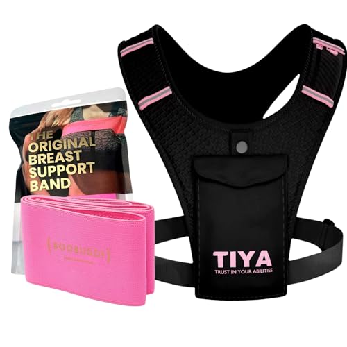 TIYA Boobuddy Damen-Laufweste + Bruststützband – Zero Bounce Läufer-Zubehör-Set – 100 % wasserdichte Handyhalter-Tasche und stoßfester Kompressions-Brustgurt, schwarz / pink, L, Casual TIYA Boobuddy Damen-Laufweste + Bruststützband – Zero Bounce Läufer-Zubehör-Set – 100 % wasserdichte Handyhalter-Tasche und stoßfester Kompressions-Brustgurt, schwarz / pink, L, Casual von TIYA