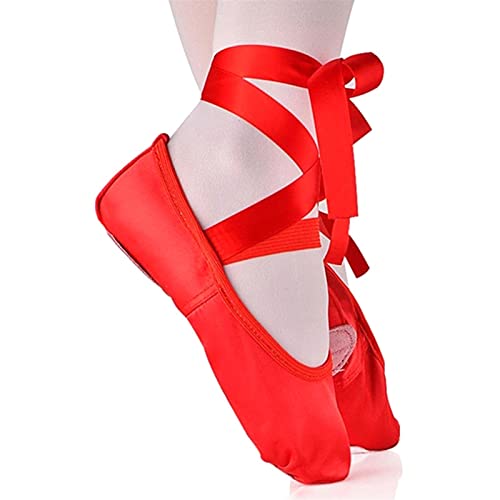 Ballettschuhe 1 Paare Kinder- und Erwachsene Mädchen Ballett-Tanzschuhe Satin Gymnastik Wohnungen Split Sohle mit Band (Color : Red, Size : 36) von TIYGHI