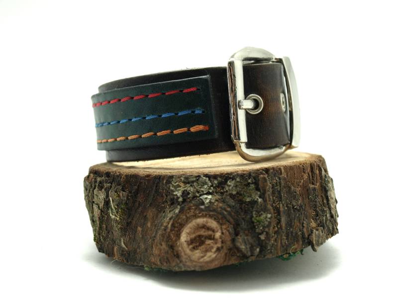 Braun Und Grün Rindsleder Manschette 100% Leder Breit Armband Massive Männer Frauen , Geschenkideen Drei Farben Faden Einzigartig von TIZART