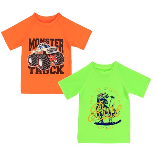 TIZAX 2 Stück Kinder UV Shirt Kurzarm Jungen Badeshirt Schwimmshirt Schnelltrocknend UPF 50+ Sonnenschutz Rash Guard T-Shirt Orange+Grün Druck 13-14 Jahre/158-164 von TIZAX