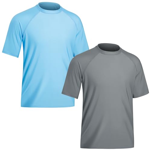 TIZAX 2 Stück Schwimmshirt Herren UV Badeshirt Kurzarm UPF50+ Sonnenschutz Rash Guard Shirt Wassersport T-Shirt für Männer Schnelltrocknend Grau+Hellblau XL von TIZAX