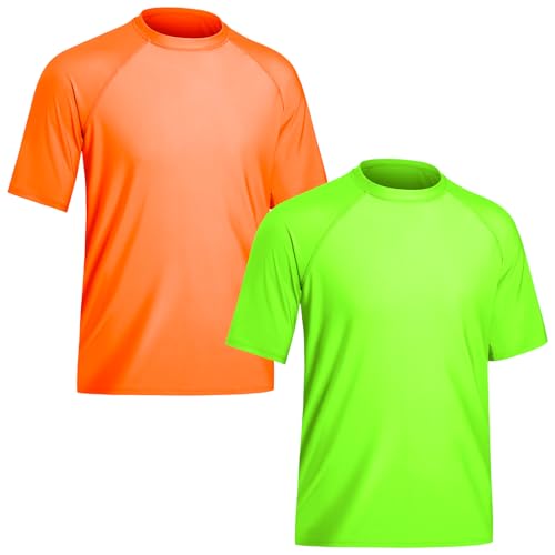 TIZAX 2 Stück Schwimmshirt Herren UV Badeshirt Kurzarm UPF50+ Sonnenschutz Rash Guard Shirt Wassersport T-Shirt für Männer Schnelltrocknend Grün+Orange 3XL von TIZAX