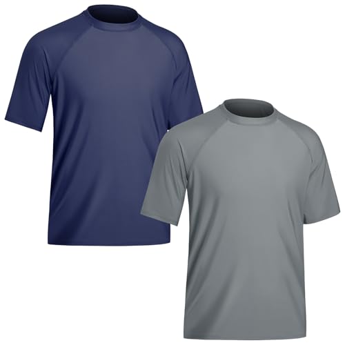 TIZAX 2 Stück Schwimmshirt Herren UV Badeshirt Kurzarm UPF50+ Sonnenschutz Rash Guard Shirt Wassersport T-Shirt für Männer Schnelltrocknend Marineblau+Grau XXL von TIZAX