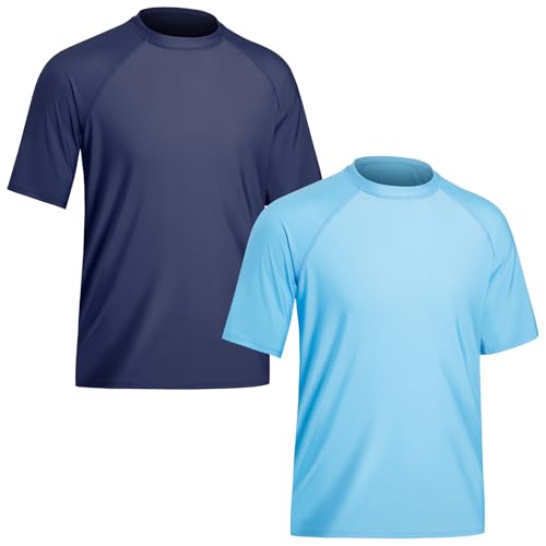 TIZAX 2 Stück Schwimmshirt Herren UV Badeshirt Kurzarm UPF50+ Sonnenschutz Rash Guard Shirt Wassersport T-Shirt für Männer Schnelltrocknend Marineblau+Hellblau XXL von TIZAX