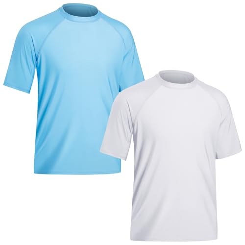 TIZAX 2 Stück Schwimmshirt Herren UV Badeshirt Kurzarm UPF50+ Sonnenschutz Rash Guard Shirt Wassersport T-Shirt für Männer Schnelltrocknend Weiß+Hellblau XXL von TIZAX
