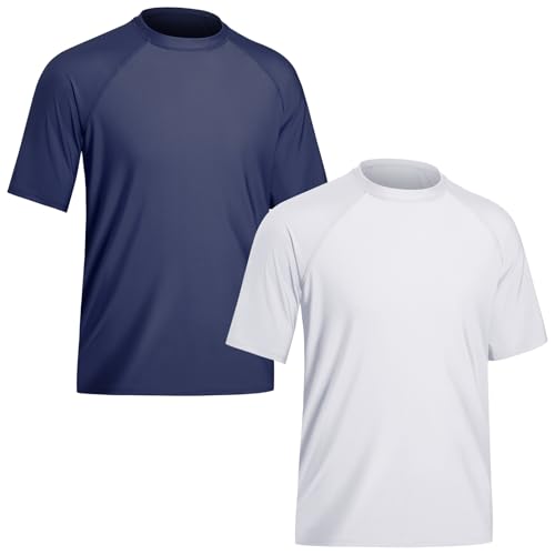 TIZAX 2 Stück Schwimmshirt Herren UV Badeshirt Kurzarm UPF50+ Sonnenschutz Rash Guard Shirt Wassersport T-Shirt für Männer Schnelltrocknend Weiß+Marineblau 3XL von TIZAX