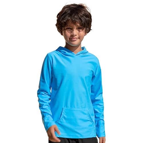 TIZAX Kinder UV Shirt Langarm Jungen Badeshirt Schwimmshirt mit Kapuze Schnelltrocknend UPF 50+ Sonnenschutz Rash Guard T-Shirt mit Tasche Blau 9-10 Jahre/134-140 von TIZAX