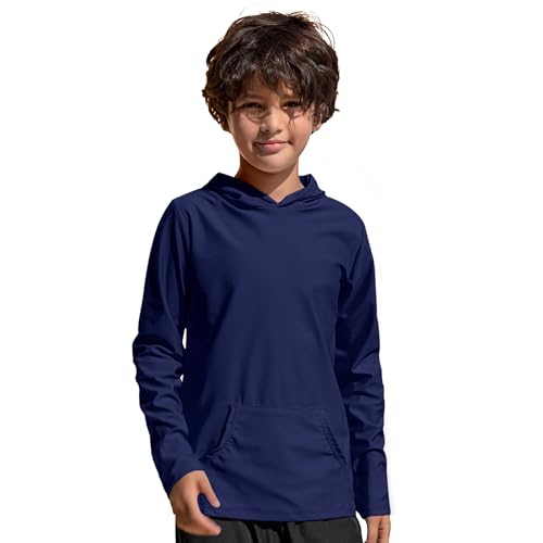 TIZAX Kinder UV Shirt Langarm Jungen Badeshirt Schwimmshirt mit Kapuze Schnelltrocknend UPF 50+ Sonnenschutz Rash Guard T-Shirt mit Tasche Marineblau 9-10 Jahre von TIZAX